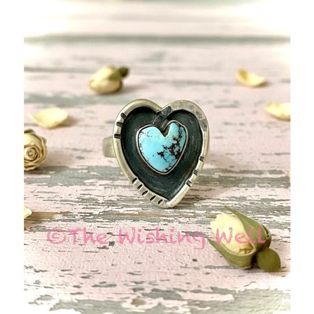 Picture Box Golden Hills Turquoise Heart Ring Artisan Sterling Size Adjustable - Picture 6 of 9
